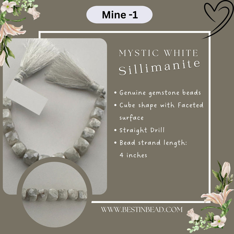 Mystic White Sillimanite Cube Bead Strand