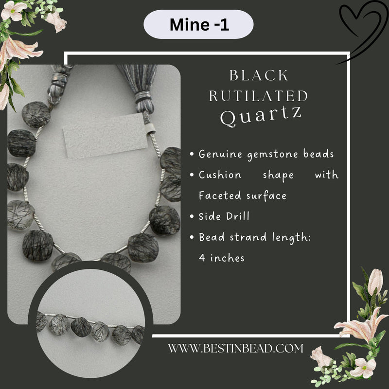 Black Rutile/Termilated Quartz Cushion Bead Strand
