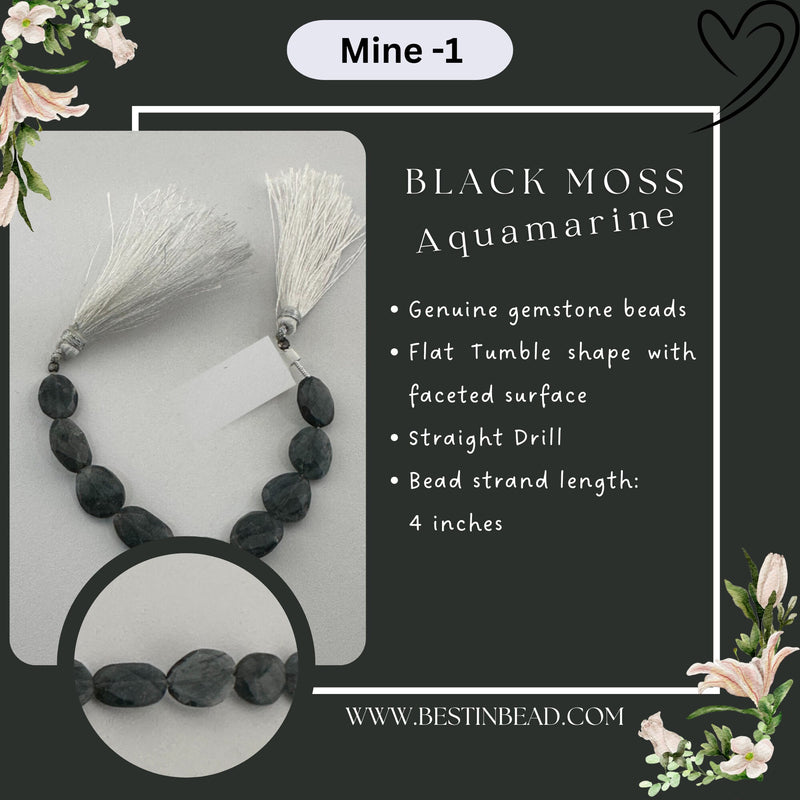 Black Moss Aquamarine Natural Flat Tumble Bead Strand