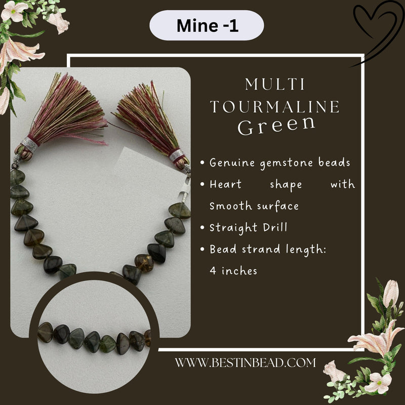 Multi Tourmaline Green Heart Bead Strand