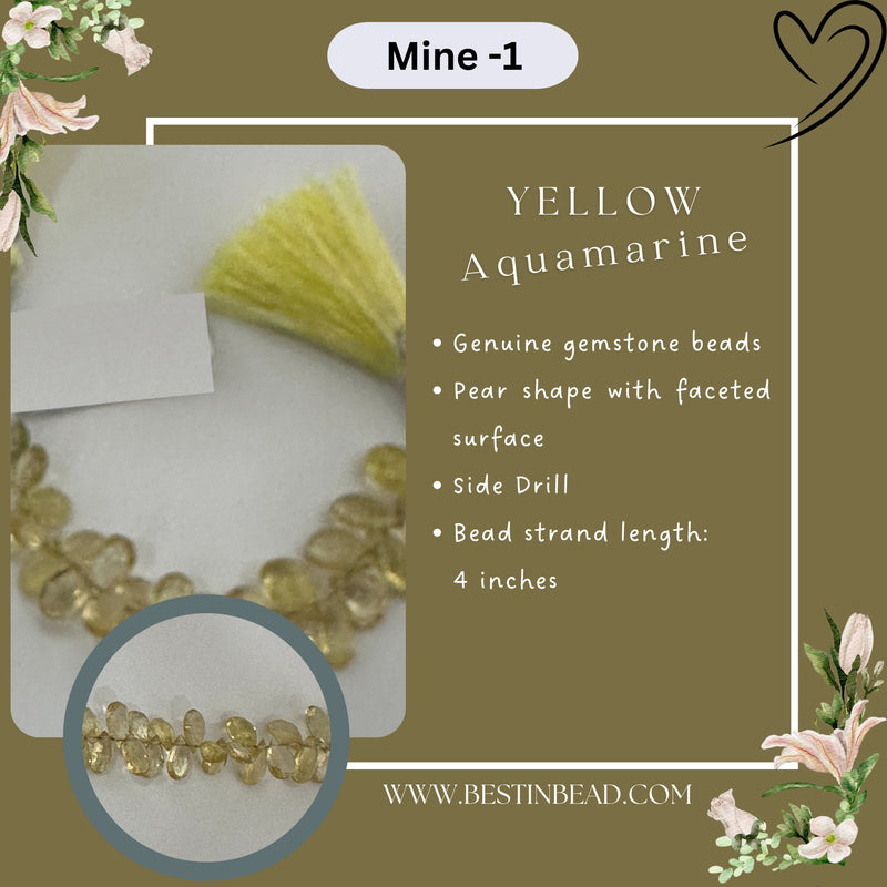 Yellow Aquamarine Natural Pear Bead Strand