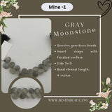 Close-up of a 4-inch strand of 7.5-8mm gray moonstone faceted heart beads, showing their soft shimmer on a white background.