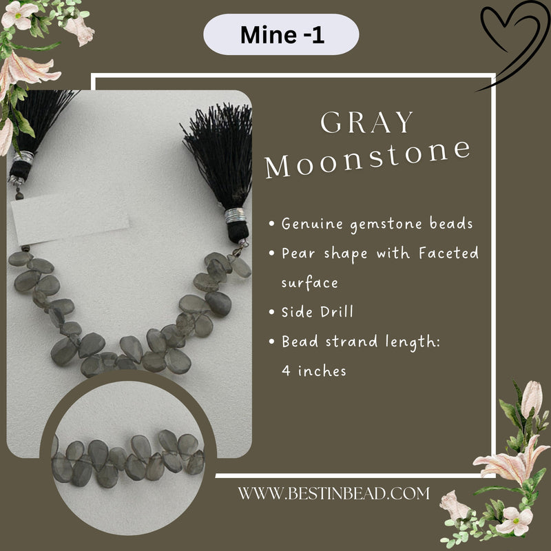 Gray Moonstone Natural Pear Bead Strand