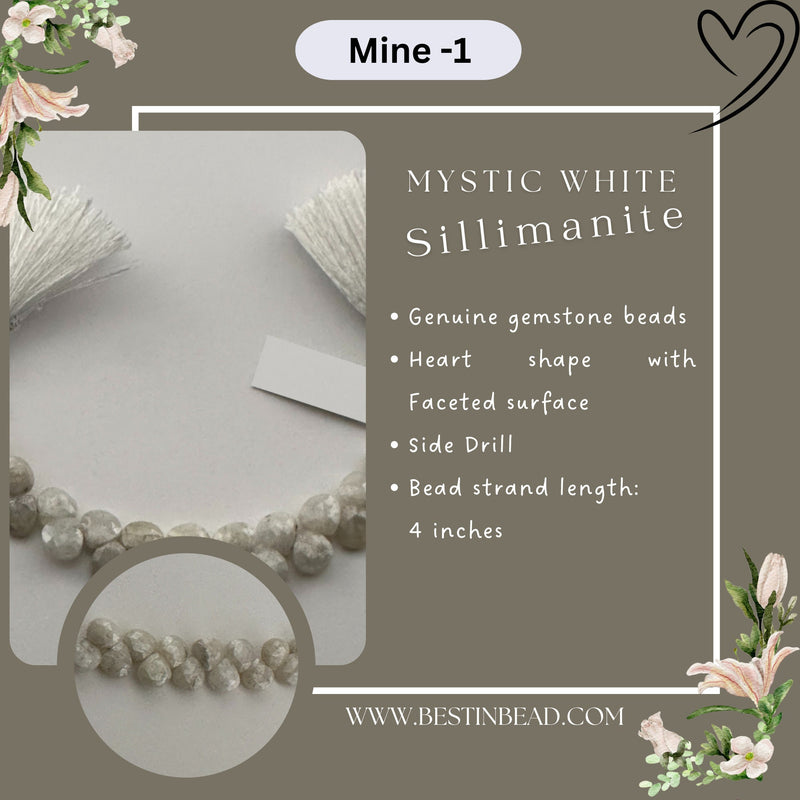 Mystic White Sillimanite Heart Bead Strand