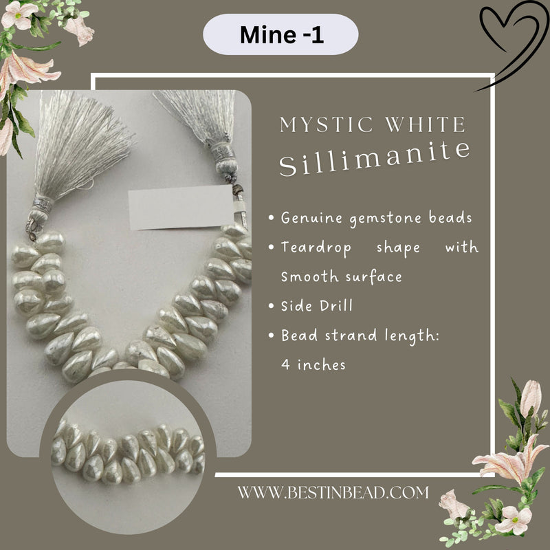 Mystic White Sillimanite Teardrop Bead Strand