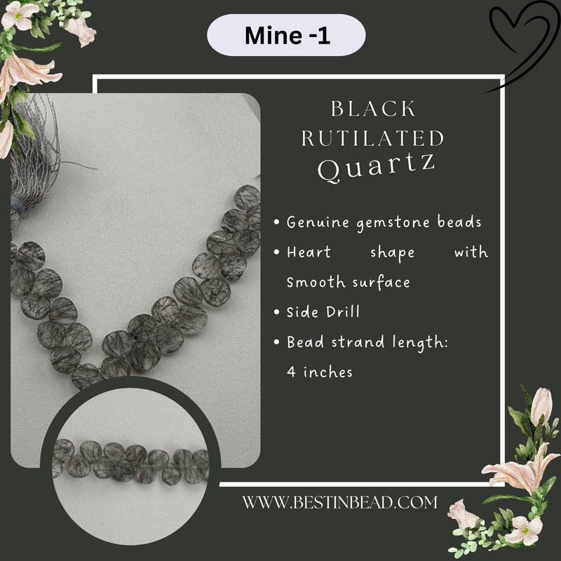 Black Rutile/Termilated Quartz Heart Bead Strand