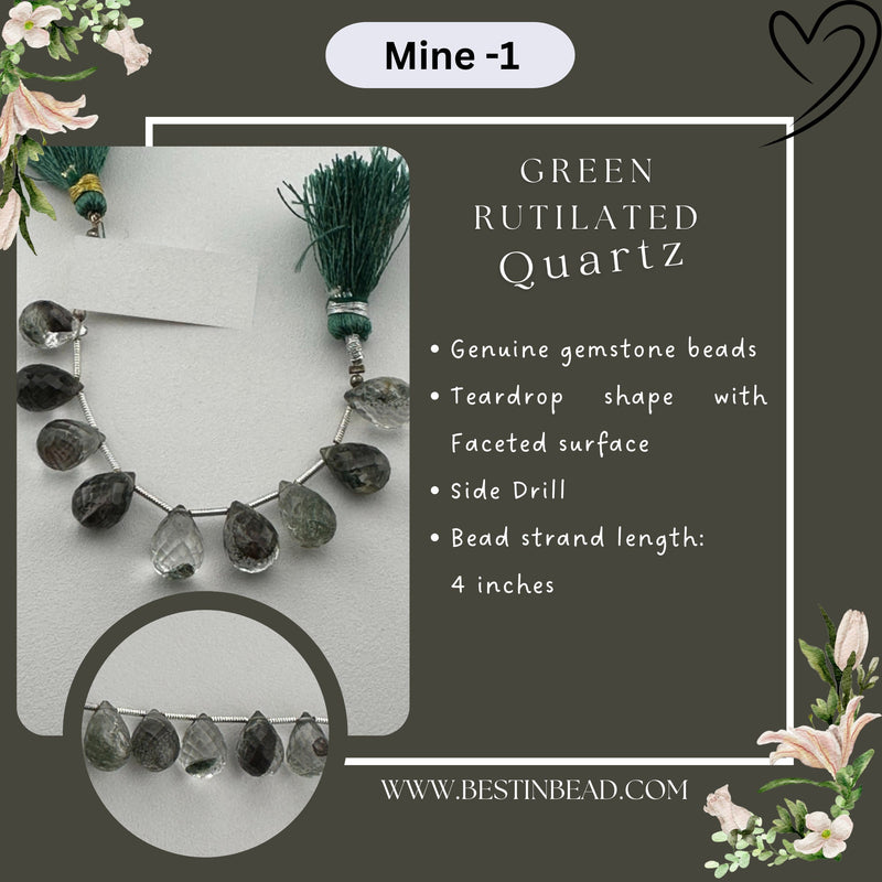 Green Rutilated Quartz Teardrop Bead Strand