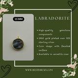 Labradorite Coin/Round Pendant - Boho Chic Gemstone Necklace with 24kt Gold Elegance