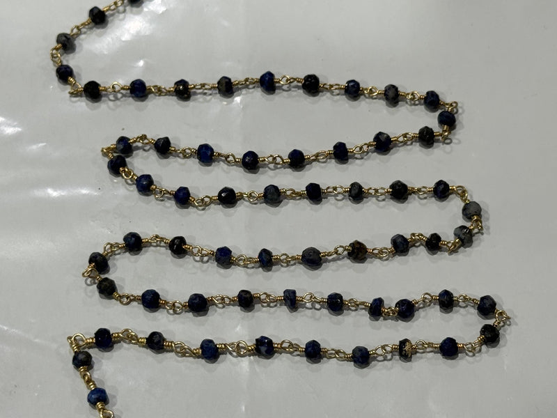 Blue Sapphire Jade Rosary Chain, 24K Gold Plated, 3mm Beaded