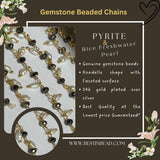Close-up of 24K gold plated beaded chain with pyrite gemstones and rice freshwater pearls for handmade jewelry making and DIY crafts.