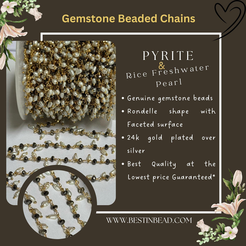 pyrite and rice freshwater pearl natural gemstone 24k gold plated over silver beaded chains.
