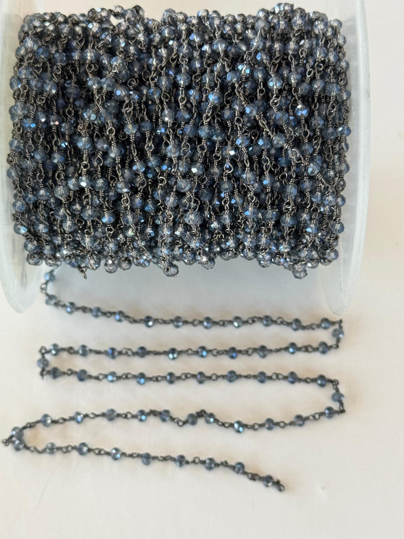 3mm London Blue Topaz Beaded Rosary Chain, Antique Black