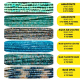 A close-up shot highlighting the brilliance and color of amazonite, aqua ab coated, blue quartz coated, blue fluorite dark and blue opal beads strung on a 13-inch strand.
