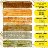 A collection of different yellow gemstone beads, such as Lemon Quartz and Yellow Fluorite, laid out to show color variations.