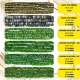 A vibrant assortment of green faceted gemstone beads on 13-inch strands, including Peridot, Jade, and Aventurine.