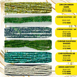 A finished necklace and matching earrings made with the green faceted gemstone beads, demonstrating design potential.