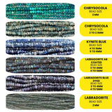 An overhead view of various shapes for jewelry making: rondelle Labradorite, chrysocola, kynite blue, labradorite ab coated, and labradorite blue dyed, rondelle-shaped beads.