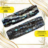 Side-by-side comparison of a faceted Labradorite strand, sparkling brightly, and a smooth Labradorite strand with a subtle sheen.