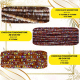 Assorted gemstone beads in chocolate, clear, and gold tones, faceted rondelle shape, displayed in multiple sizes.