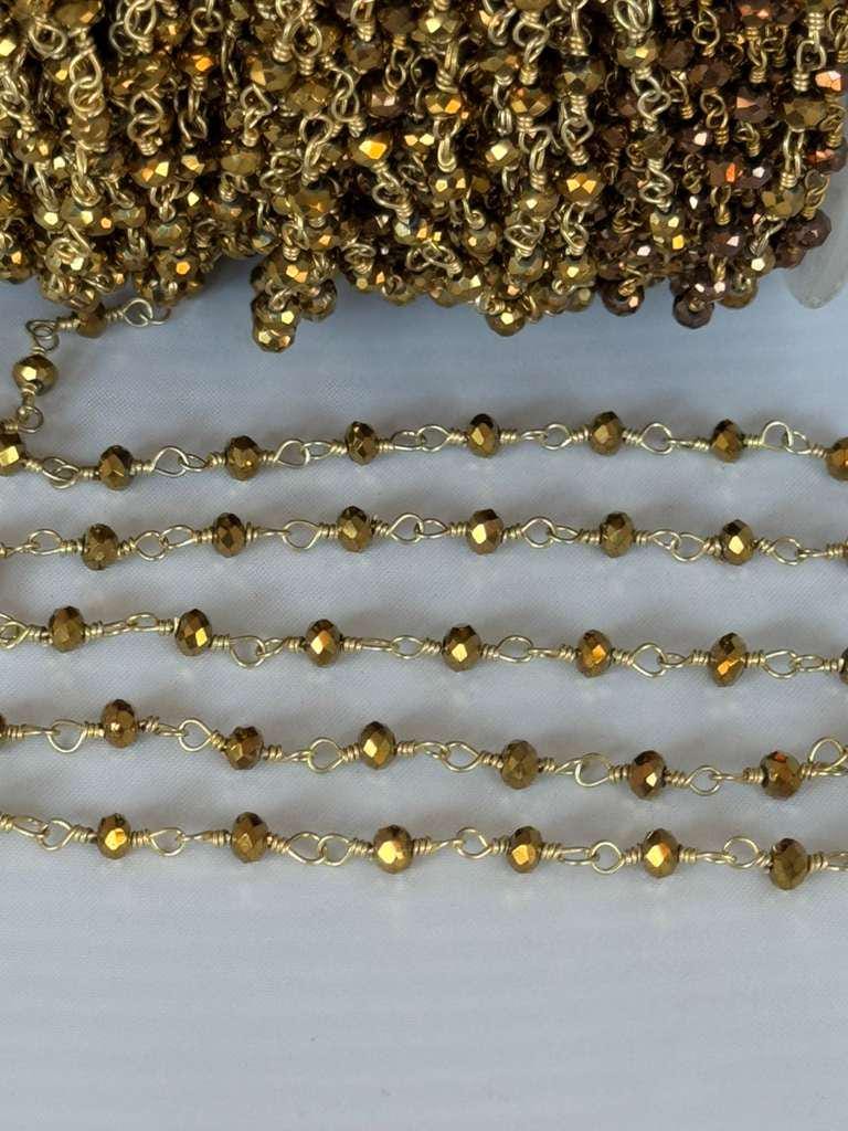 Gold Coated Pyrite Rosary Chain, 24K Gold Plated, 3mm Beaded