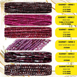 Garnet mystic and rhodolite garnet beads, faceted and smooth, laid out for jewelry making supplies.