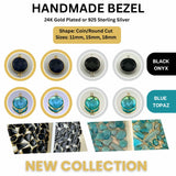 Close-up of Black Onyx (Hydro) and Blue Topaz (Hydro) coin-shaped bezel connectors. Shows single loop (pendant) and double loop (connector) styles in 11mm, 15mm, and 18mm sizes.