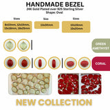 Collection of gold bezel oval gemstone connectors in various sizes and stones like Green Amethyst and Coral.