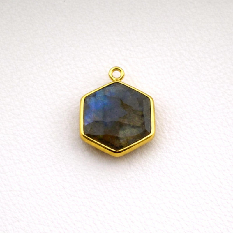 Labradorite Hexagon Bezel Charm 24K Gold Plated Single Loop, Faceted Blue Flash Hex Stone, 925 Sterling Silver, Modern Jewelry Supply