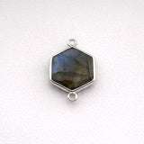 Labradorite Hexagon Bezel Connector 925 Sterling Silver Double Loop, Natural Blue Flash Honeycomb Faceted, Wholesale Hex Component