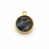 Labradorite Round Coin Bezel Charm 24K Gold Plated Single Loop, Faceted Blue Flash Circle Stone, 925 Sterling Silver, Disc Pendant