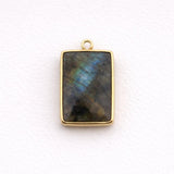 Labradorite Rectangle Bezel Charm Gold Silver Plated Single Double Loop, 925 Sterling Silver, Blue Flash Baguette Bar Connector