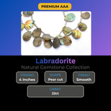 Labradorite faceted pear beads arranged by carat weight 22 carats, grey with labradorescent fire tone, size comparison showing graduated bead sizes, close-up detail of cut quality and drill holes