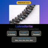 Labradorite faceted pear beads arranged by carat weight 29 carat, 43 carat, 51 carat, 61 carat, 63 carat, grey with labradorescent fire tone, size comparison showing graduated bead sizes, close-up detail of cut quality and drill holes