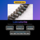 Labradorite faceted pear beads arranged by carat weight 23 carat, 28 carat, 44 carat, 68 carat, 70 carat, grey with labradorescent fire tone, size comparison showing graduated bead sizes, close-up detail of cut quality and drill holes