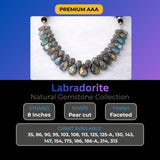 Celestial Labradorite faceted pear beads arranged by carat weight 35 - 313 carats, grey with labradorescent fire tone, size comparison showing graduated bead sizes, close-up detail of cut quality and drill holes