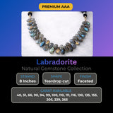 Labradorite faceted pear beads arranged by carat weight 40 - 265 carats, grey with labradorescent fire tone, size comparison showing graduated bead sizes, close-up detail of cut quality and drill holes