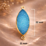 Blue druzy connector pendant 22x11mm gold bezel marquise, both-loop crystal charm for jewelry making