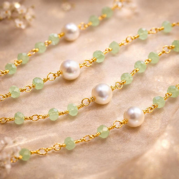 Green Chalcedony Rosary Chain with Freshwater Pearls, 24K Gold Plated