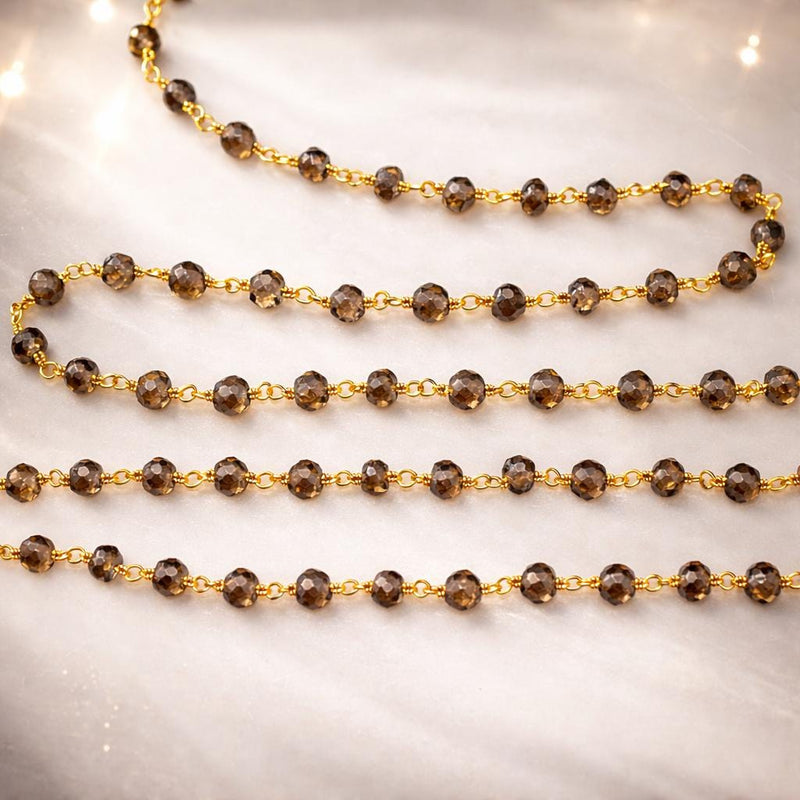 smoky natural semi-precious gemstone beads 24k gold plated over silver rosary chain for a necklace, earrings, anklet, and bracelet making.