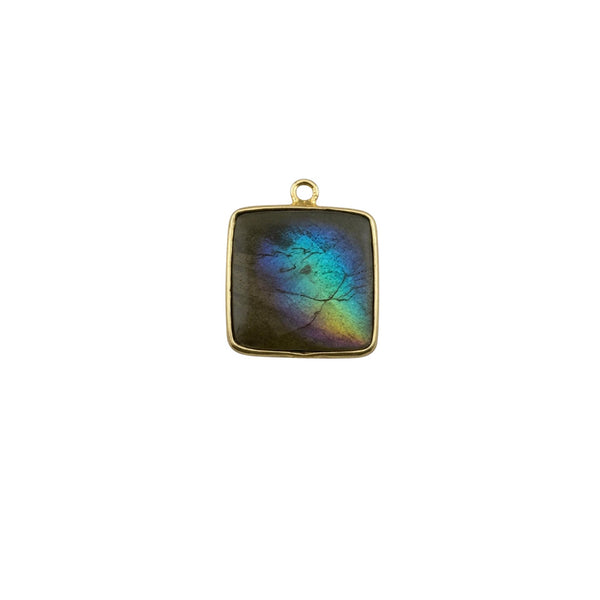 Labradorite Square Bezel Connector | Blue Flash Honeycomb Gem | 925 Sterling Silver Gold Plated Charm