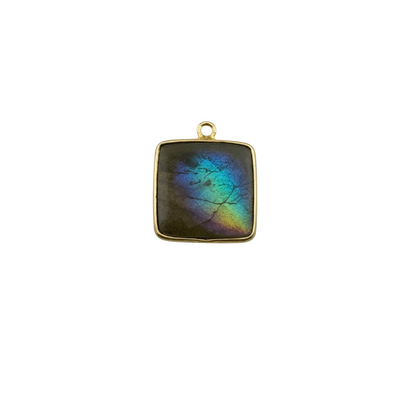 Labradorite Square Bezel Connector | Blue Flash Honeycomb Gem | 925 Sterling Silver Gold Plated Charm