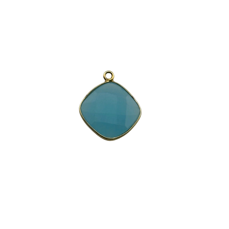 Chalcedony Blue Cushion/Diamond Pendant - Boho Chic Gemstone Necklace with 24kt Gold Elegance
