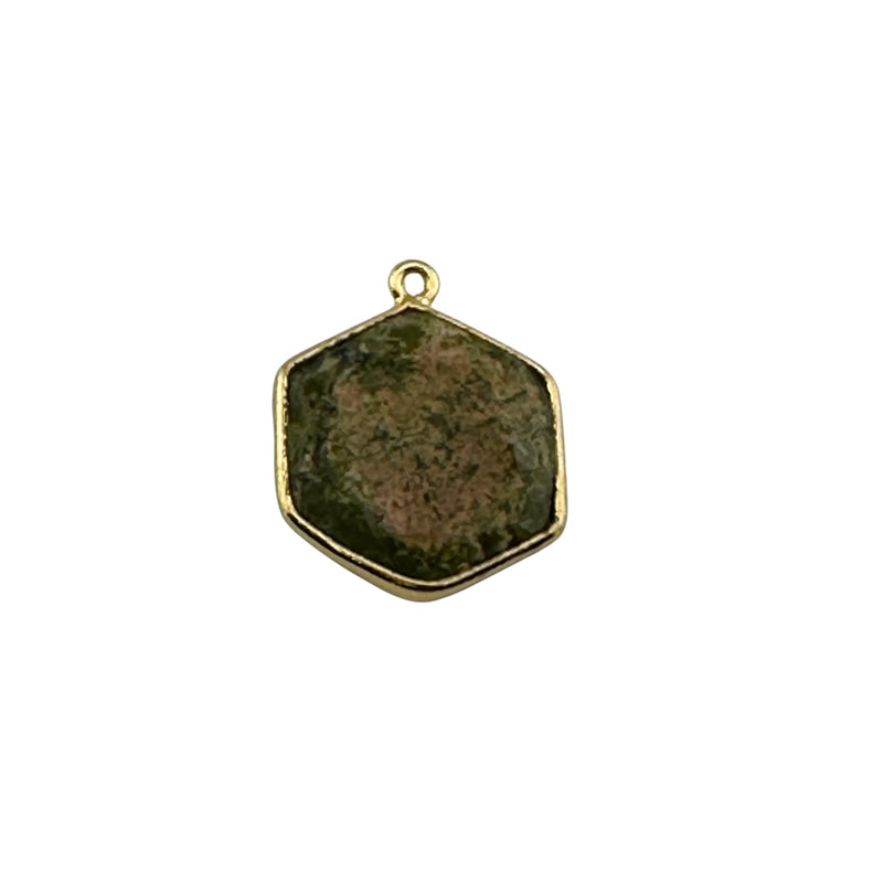 Unakite Jasper Stone Necklace for Jewelry Making 12mm 15mm 18mm Hexagon Bezel Charms  Connectors 24K Gold Plated Over 925 Sterling Silver