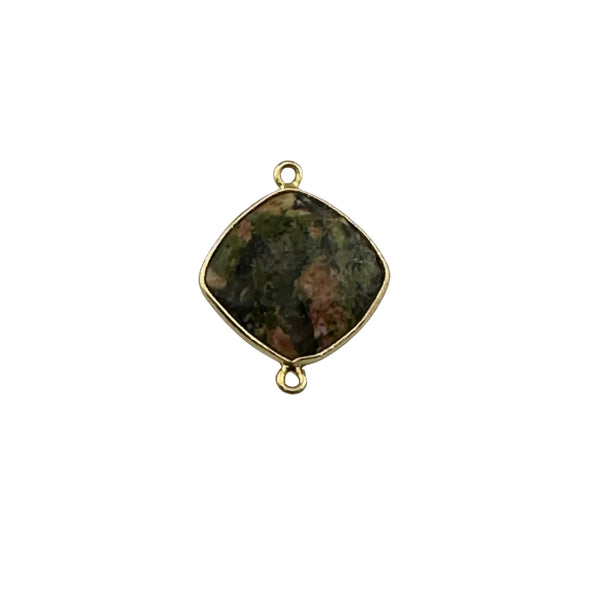 Unakite Jasper Cushion/Diamond Pendant - Boho Chic Gemstone Necklace with 24kt Gold Elegance