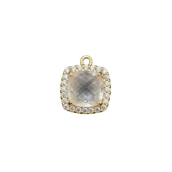 Clear Quartz Quartz Hydro Gemstone Square Briolette 15 MM Connectors With Setted CZ Pave 24K Gold Plated Over Silver Bezel Charms Jewelry