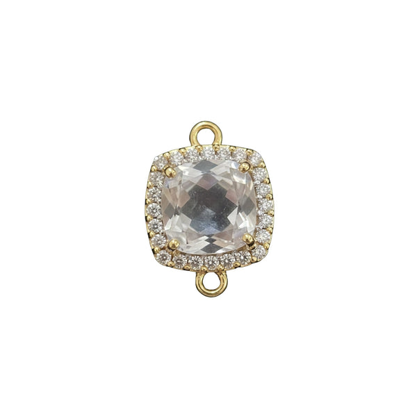 Clear Quartz Quartz Hydro Gemstone Square Briolette 12 MM Connectors With Setted CZ Pave 24K Gold Plated Over Silver Bezel Charms Jewelry