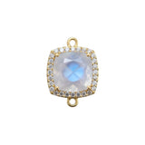 Natural Rainbow Moonstone Cushion Briolette CZ Pavé Bezel Connector – 24K Gold Plated, 15mm