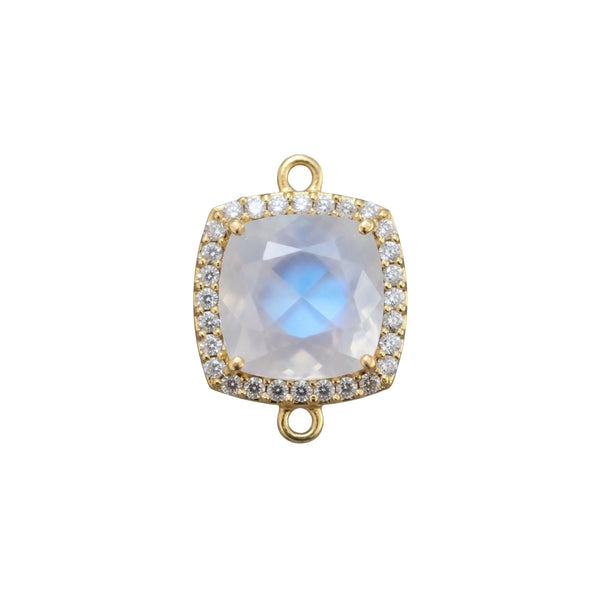 Rainbow Moonstone  Natural Semi Precious Gemstone Cushion Briolette 15 MM Connectors With Setted CZ Pave 24K Gold Plated Over Silver Bezel