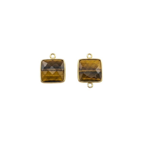 Tiger Eye Stone Necklace for Jewelry Making 15mm Square Bezel Charms Pendants Connectors 24K Gold Plated Over Silver