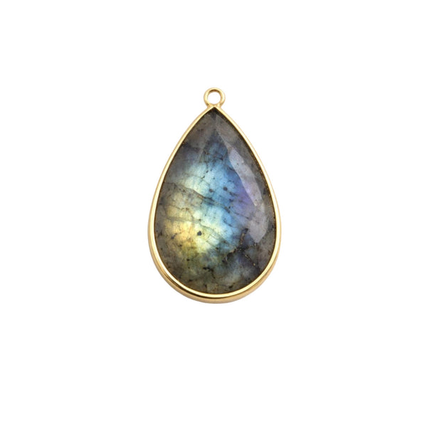 Labradorite Pear Bezel Connector | Faceted Blue Flash Gem | 925 Sterling Silver Gold Plated Charm